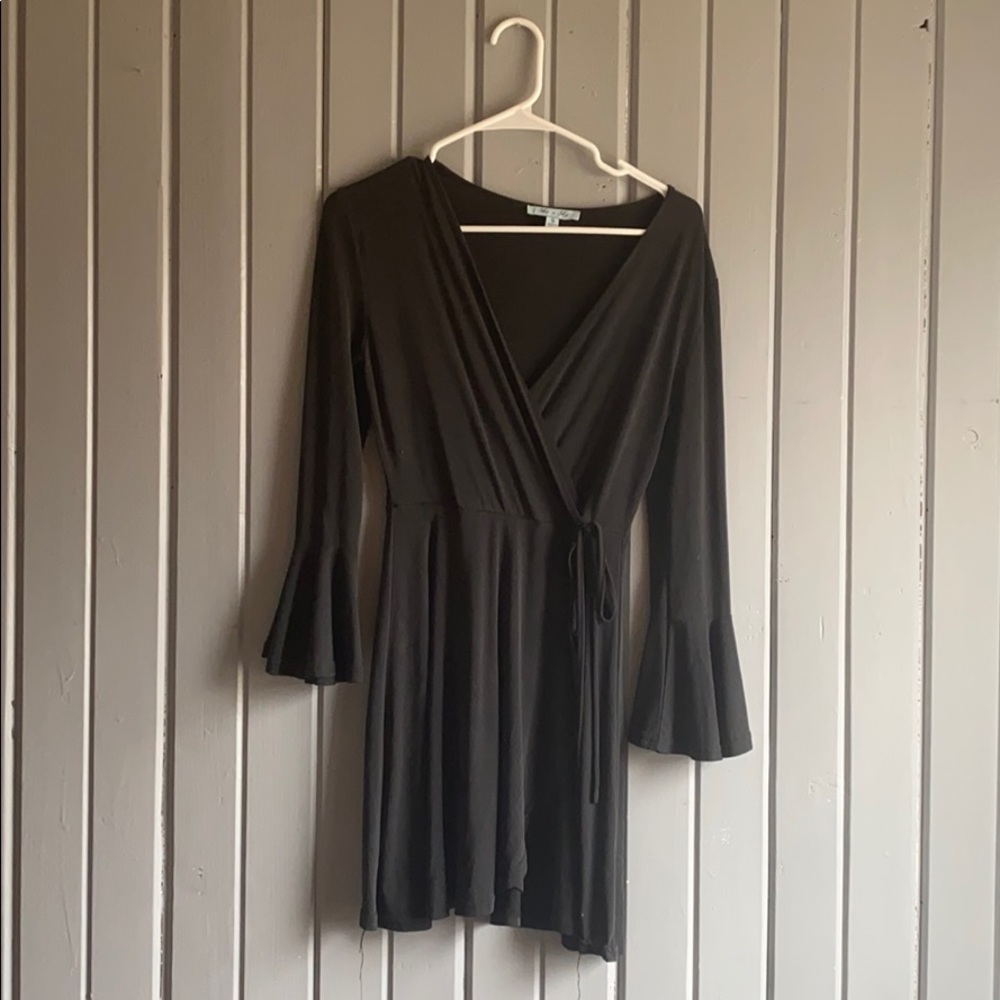 Charcoal gray  tie dress with bell sleeves